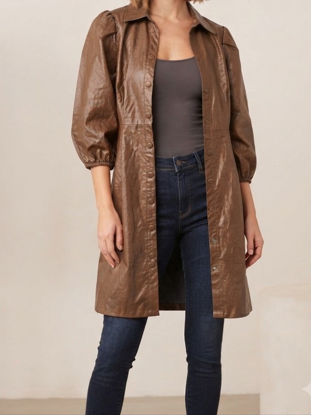 Storia Brown Faux Leather Mid Trench Coat Dress Puff Elastic Sleeve Medium Retro